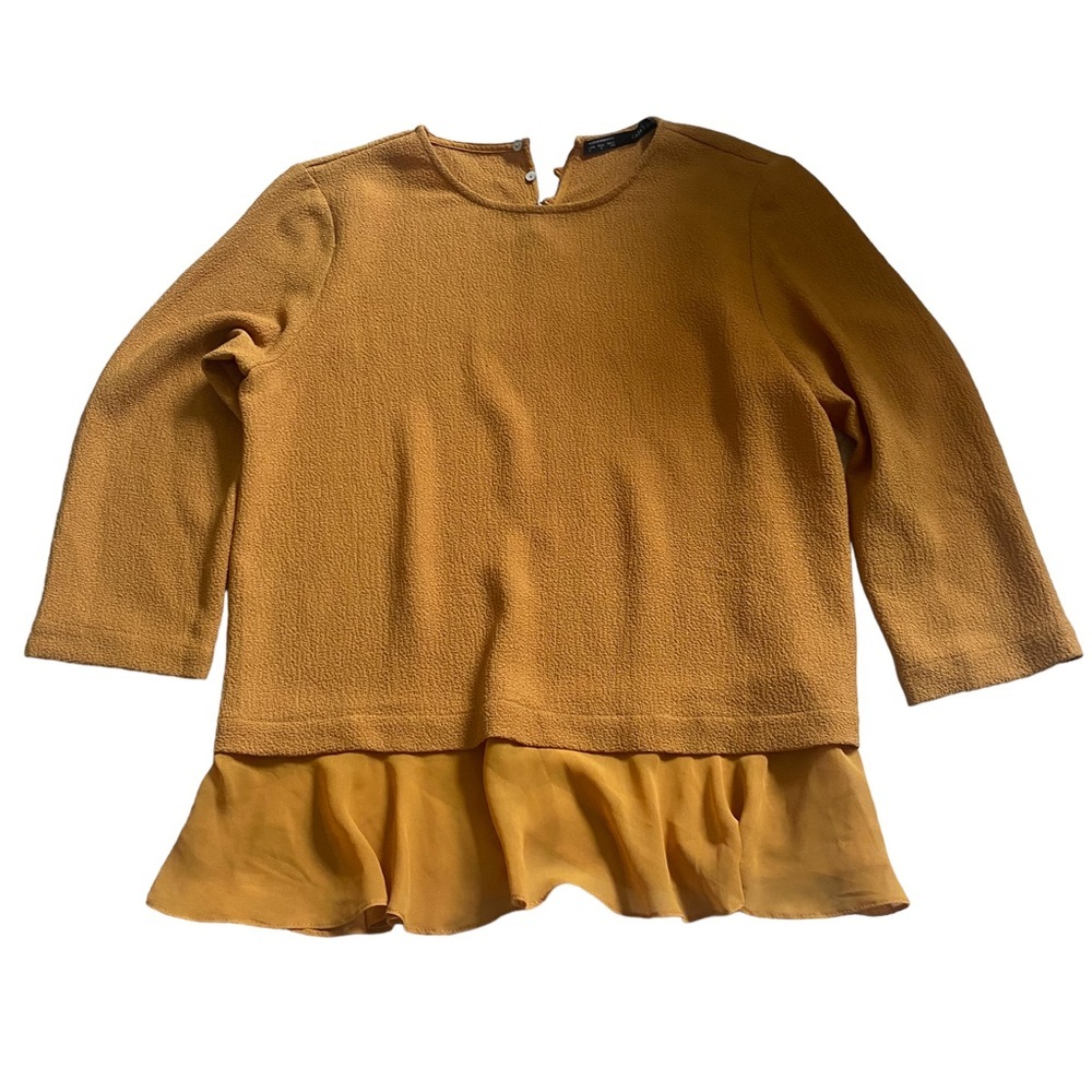 Zara blouse mustard yellow ruffle details large 3/4 sleeve - Picture 1 of 9